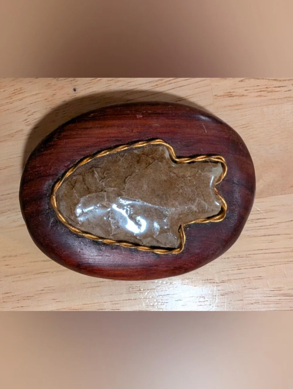 Handcrafted Vintage Brown Wood Belt Buckle with Arrowhead Inlay
